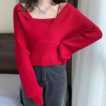 Осенний французский стиль ниша талия утягивающая поддельные две открытые плечи с длинными рукавами трикотажные рубашки для женщин пуловеры и длинные рукава (Женский) One Size белый