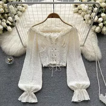 Осенний французский темпераментный дизайн Sense Niche с расклешенными рукавами на одно плечо Короткий шикарный топ с ремешками