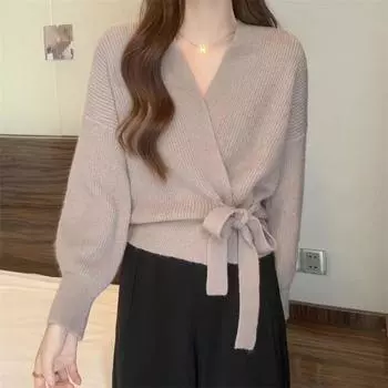 Осенний галстук-бабочка с V-образным вырезом на бретельках Милые короткие трикотажные топы с длинными рукавами Женский короткий кардиган с высокой талией Свитер Пальто Милый короткий топ One Size чёрный
