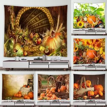 Осенний гобелен с принтом тыквы на деревянном колесе для дома, гостиной, спальни, Настенный декор, тканевый гобелен 100x75cm