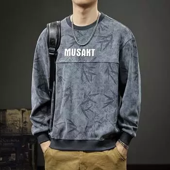 Осенний грубый красивый принтованный свитер мужской американский ретро тяжелый топ весна и осень свободная рубашка с длинными рукавами M чёрный