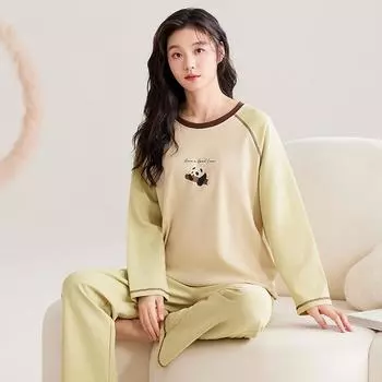 Осенний хлопковый комплект пижамы для девочек с круглым вырезом, весенний тонкий комплект из 2 предметов, женские топы, одежда для сна с героями мультфильмов, пижамы женские M