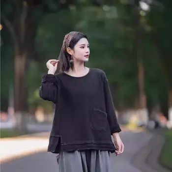 Осенний хлопковый однотонный свитер с длинными рукавами и круглым вырезом, универсальная свободная и тонкая рубашка Niche One Size красный