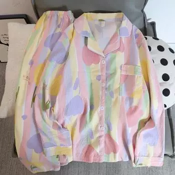 Осенний хлопковый женский пижамный комплект из 2 предметов: топ на пуговицах и штаны, одежда для сна с длинным рукавом, милая ночная рубашка, домашняя одежда для женщин L