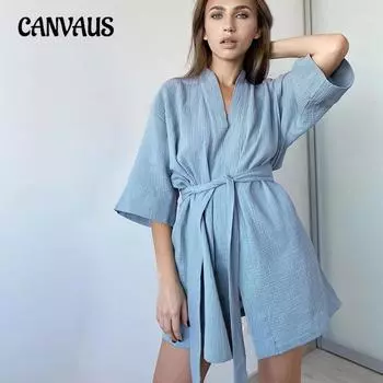 Осенний хлопок повседневный модный домашний халат кардиган двойной марлевый простой женский пижамный костюм S озеро синий