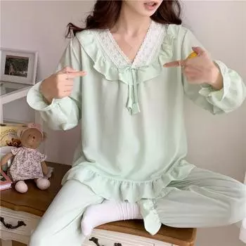 Осенний хлопок V-образный вырез пижамы для молодых девочек комплекты Тонкий 2 предмета пижамы комплект Женщины милый кружево сращивание однотонный пижамы одежда пижамы M