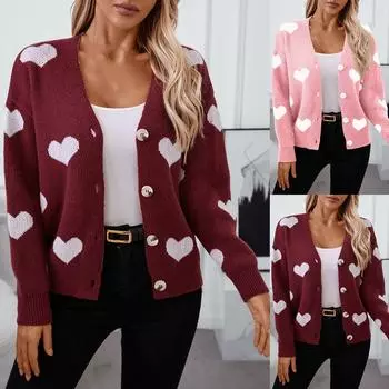 Осенний и зимний свитер Вязаный свитер Сердце V-образный вырез Кардиган Свитер Женский XL розовый