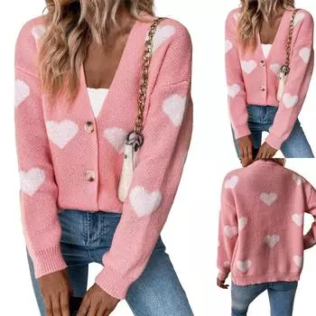 Осенний и зимний свитер Вязаный свитер Сердце V-образный вырез Кардиган Свитер Женский L розовый