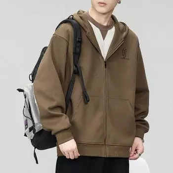 Осенний кардиган с капюшоном на молнии, свитер, мужская свободная верхняя одежда большого размера, модная брендовая молодежная спортивная повседневная американская куртка M абрикосовый