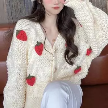 Осенний кардиган с клубникой, свитер крупной вязки на пуговицах, милый, с клубникой, мягкий, сладкий, куртка, топ для девочки-подростка, женский XXL