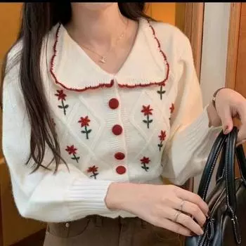 Осенний кардиган, свитер, мягкий восковой кукольный вырез, уникальный дизайн верхнего пальто, свитер с вышивкой меньшинства, вязаный кардиган, женский One Size белый