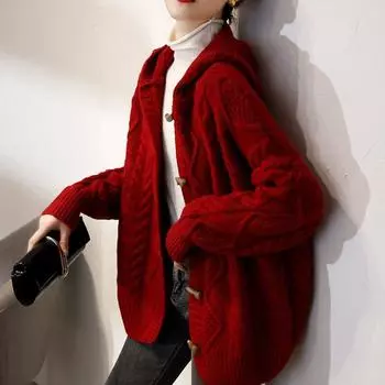 Осенний кардиган, свитер, новинка 2022, вязаный кардиган, женский свободный ретро-напуск, пальто с капюшоном, топ, свитер, повседневный женский кардиган One Size небесно-голубой