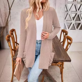 Осенний кардиган в полоску с карманами и длинными рукавами для женщин S хаки