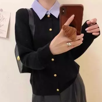 Осенний кардиган женский базовый свитер пальто топы женские пуговицы трикотажные однотонные белые футболки рубашка One Size чёрный