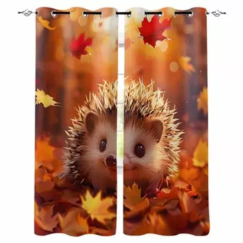 Осенний кленовый лист, лесной ежик, затемняющие шторы для гостиной, спальни, оконные шторы, занавески W135 x H60cm
