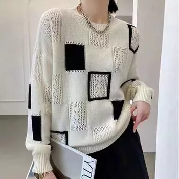 Осенний клетчатый трикотажный топ с цветными блоками, женский винтажный свитер с круглым вырезом и длинными рукавами One size жёлтый