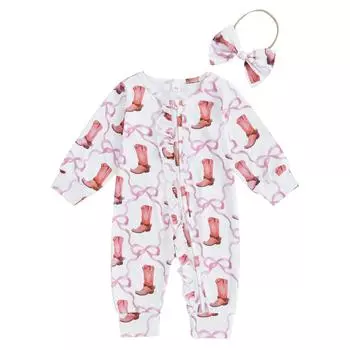 Осенний комбинезон для девочки с оборками на молнии, с принтом, с длинными рукавами и круглым вырезом, очаровательная повязка на голову с бантом 6-12 Months белый