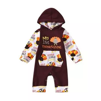 Осенний комбинезон с капюшоном с длинными рукавами и принтом Турции для маленьких девочек и мальчиков на День Благодарения, боди L/90