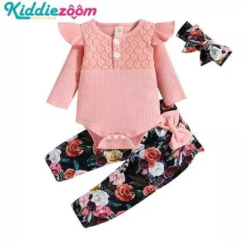 Осенний комбинезон с рюшами для новорожденных девочек из 3 предметов, топы + леггинсы, брюки + повязка на голову, комплект одежды