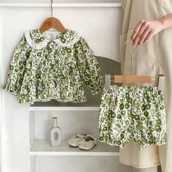 Осенний комплект детской хлопковой одежды для девочек, одежда с цветочным принтом для малышей, пуловер и шорты, комплект из 2 предметов, bafanou 96243 73cm(6-12M) зелёный