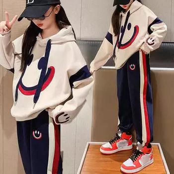 Осенний комплект для девочек, большой детский свитер с капюшоном, осенний спортивный костюм из двух частей для девочек 170 бежевый