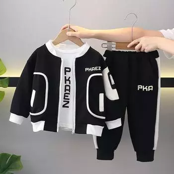 Осенний комплект для мальчиков, новая детская спортивная одежда, красивая и повседневная детская куртка с длинными рукавами и надписью, комплект из трех предметов S чёрный