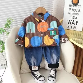 Осенний комплект для мальчиков с принтом, рубашка с длинным рукавом и брюки, для возраста 1-5 лет 110 cm