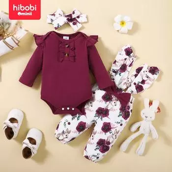 Осенний комплект Hibobi для маленьких девочек с круглым вырезом, обычными рукавами и длинными рукавами Hayi, штаны-нагрудник с цветочным принтом, платок, комплект из трех предметов 0-3 Months бордовый