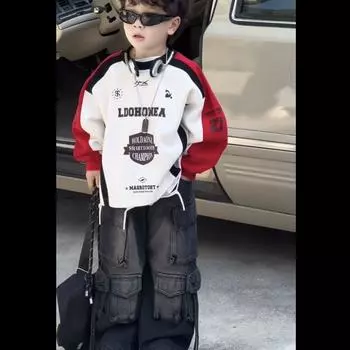 Осенний комплект из 2 предметов для мальчиков в стиле пэчворк, чистый свитер в стиле ретро с множеством карманов и джинсами 140 белый