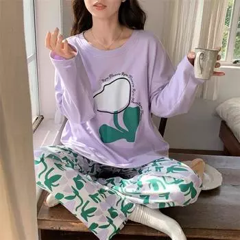 Осенний комплект из 2 предметов пижамы для женщин, тонкий комплект для сна с милым цветочным принтом, домашний костюм с круглым вырезом для девочек, комплект пижамы с длинными рукавами M
