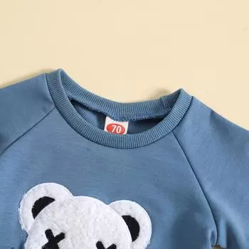 Осенний комплект из 2 шт. для маленьких мальчиков, комплект из 2 шт., пуловер с длинными рукавами и вышивкой медведя, комплекты топов и штанов на шнурке, От 0 до 3 лет 0-6 Months синий