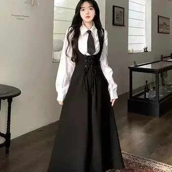 Осенний комплект из 3 предметов в стиле преппи для женщин, повседневная простая рубашка + галстук + элегантное платье без рукавов на бретелях, корейский модный костюм XXL чёрный