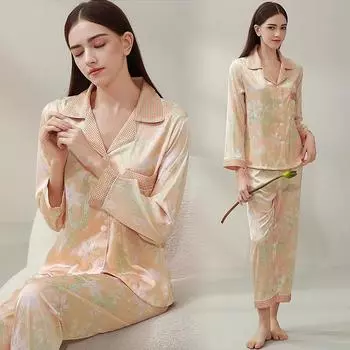 Осенний комплект из двух пижам, женский кардиган, домашняя одежда с цветочным узором и длинным рукавом, модное нижнее белье, сексуальное ночное белье для женщин M