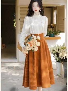 Осенний комплект из двух предметов в стиле ретро, женская рубашка с длинными рукавами, топ + вертикальные полоски, шикарное винтажное платье на бретелях, костюм, элегантная повседневная одежда S