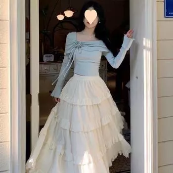 Осенний комплект из облегающего топа с цветочным принтом и квадратным вырезом и многослойной юбки с высокой талией для женщин L