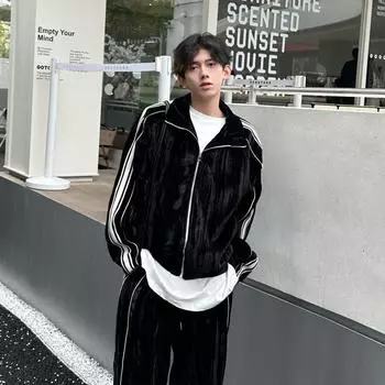 «Осенний комплект из полосатого кардигана и толстовки — повседневный комплект из двух предметов для мужчин» XL чёрный