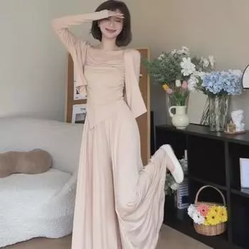 Осенний комплект из трех предметов: Кардиган, подтяжки и широкие брюки-юбки (Похудение, удобная посадка) S (Weight 90-104 lbs)