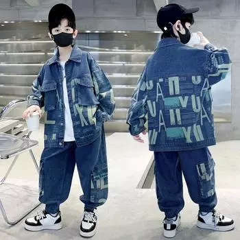 Осенний комплект одежды для мальчиков, джинсовый костюм для мальчиков, детские брюки, модная одежда для мальчиков, комплект из двух предметов, детская одежда 170 чёрный