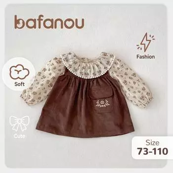 Осенний комплект одежды из хлопка для девочек, детский комплект с цветочным принтом, платье-пуловер, модное детское милое платье bafanou 66167 100cm(2-3Y) коричневый