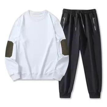 Осенний комплект с капюшоном с длинными рукавами, мужская футболка, базовая рубашка с круглым вырезом, мужской комплект из двух предметов, повседневный спортивный комплект для пары 7XL белый