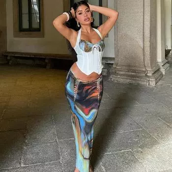 Осенний комплект с размазанным принтом и плиссированным верхом, облегающей завязкой и юбкой S разноцветный