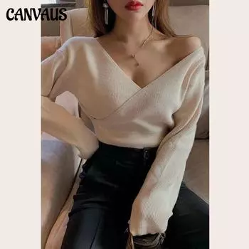 Осенний корейский шикарный тонкий свитер с тонкой талией, повседневный модный сексуальный свитер с перекрестным v-образным вырезом, вязаный топ на одно плечо с длинными рукавами One size бежевый