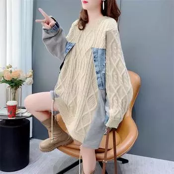 Осенний корейский свитер свободного кроя 2024 года: Круглый вырез, длинный рукав, джинсовая ткань One Size абрикосовый