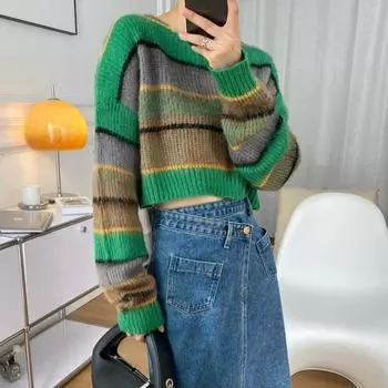 Осенний короткий вязаный свитер, топы, женская свободная одежда, зимние свитера с длинным рукавом, женские модные полосатые трикотажные изделия 28946 One Size зелёный