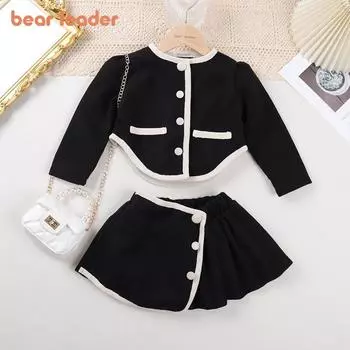 Осенний костюм Bear Leader для девочек, модный однотонный кардиган с длинными рукавами и круглым вырезом + полуюбка, комплект из двух предметов, AW0013 2T