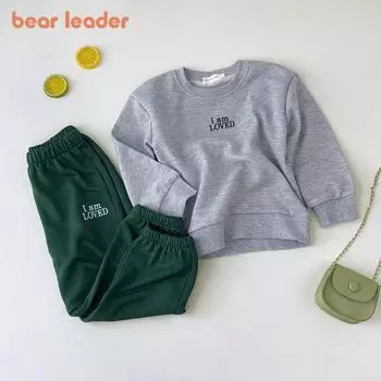 Осенний костюм Bear Leader для девочек, серый топ с длинными рукавами и буквами + брюки, детский повседневный комплект из двух предметов для детей 1–5 лет, TZ231 3Y