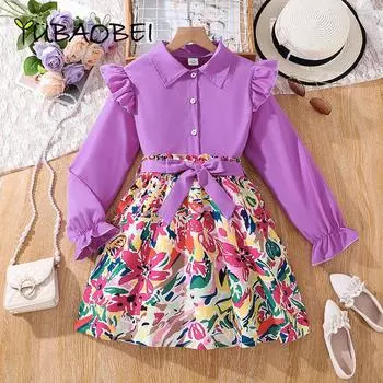 Осенний костюм для девочек, детская одежда, фиолетовая рубашка с длинными рукавами + юбка с цветочным принтом, комплект из 2 предметов, официальная одежда 10Y фиолетовый