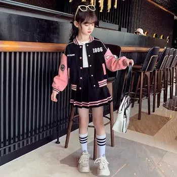 Осенний костюм для девочек-подростков, бейсбольная форма, весенняя модная лоскутная куртка с буквенным принтом, пальто + плиссированная юбка, комплект из 2 предметов, одежда JK для детей 4–14 лет 110 белый