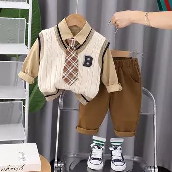 Осенний костюм для мальчиков в студенческом стиле для детей среднего возраста, комплект из свитера, жилета и брюк 120