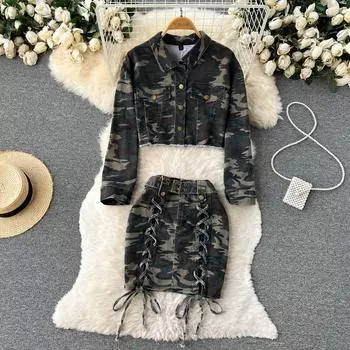 Осенний костюм-двойка, красный, камуфляжный, джинсовый, с длинными рукавами, короткое пальто, сумка на бретельках с высокой талией, хип-платье